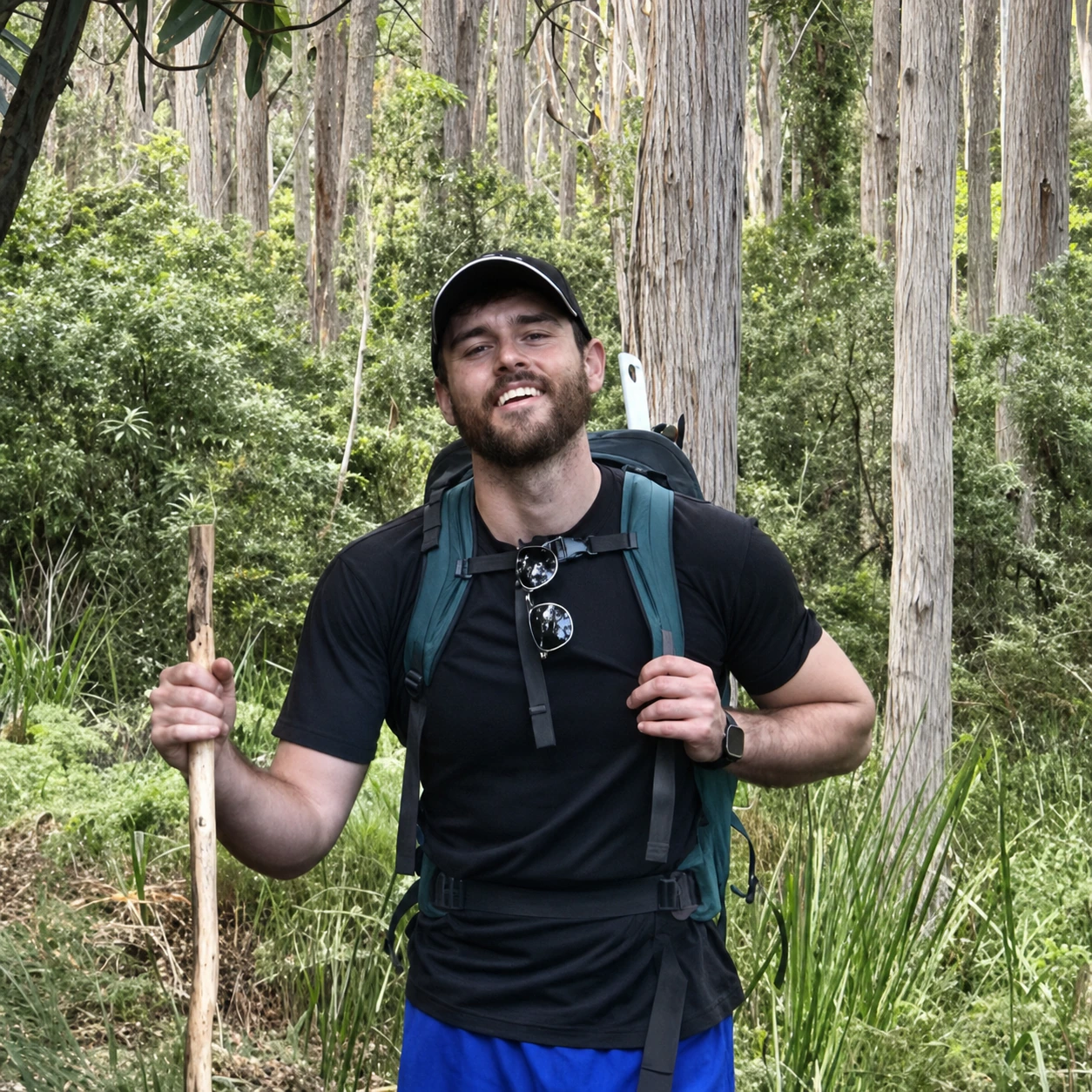 Sam Penny hiking in a eucalyptus forest